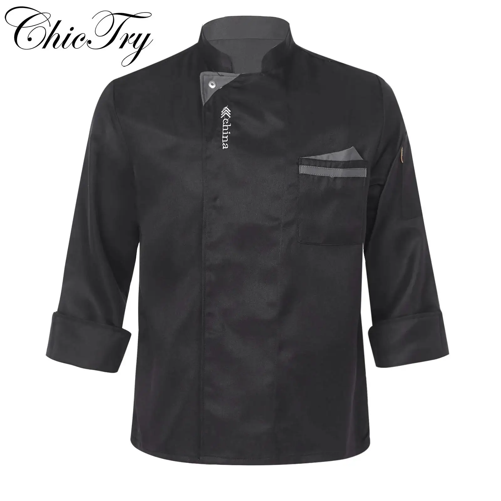 Mens Womens Chef Jacket Work Uniform Unisex Stand Collar Tops Kitchen Work Clothes Food Service Cook Shirt Coat with Pockets