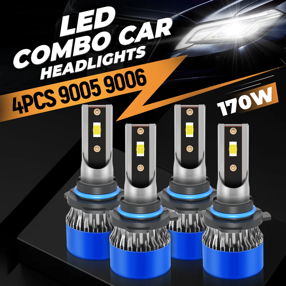 2/4PCS Led Headlight 9006 9005 LED Combo Car Bulbs High Power HB3 HB4 170W High Bright 6000k White CSP Turbo Lamp Built-in Drive