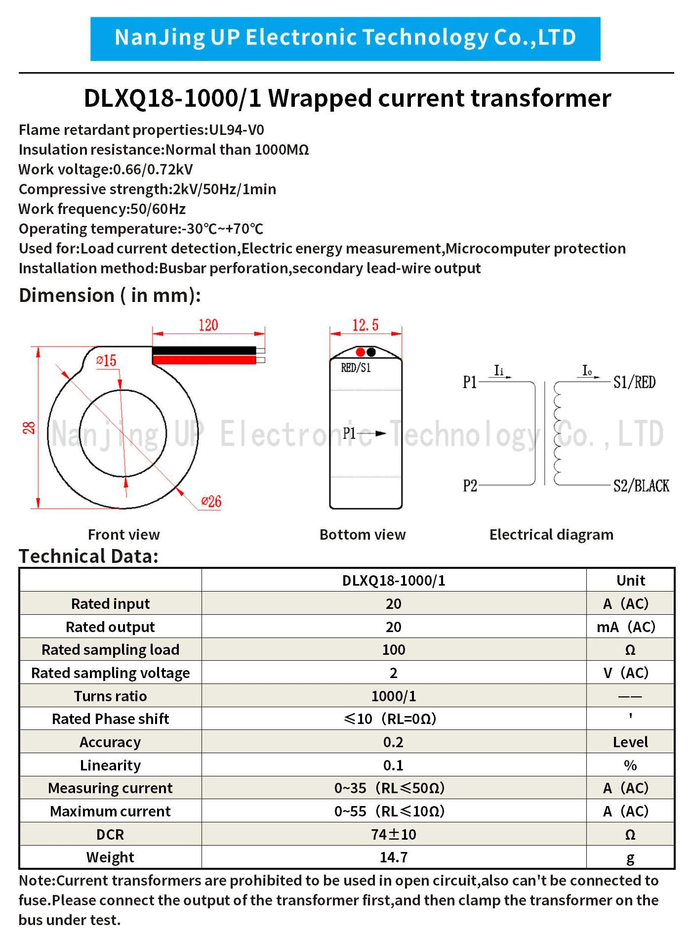 Bobine toroïdale de mini transdispositifs de courant, bande enroulée AC CT, micro précision, mesure 20A-20mA, 0 ~ 35A, DLXQ18, 1000/1 Decade Factory