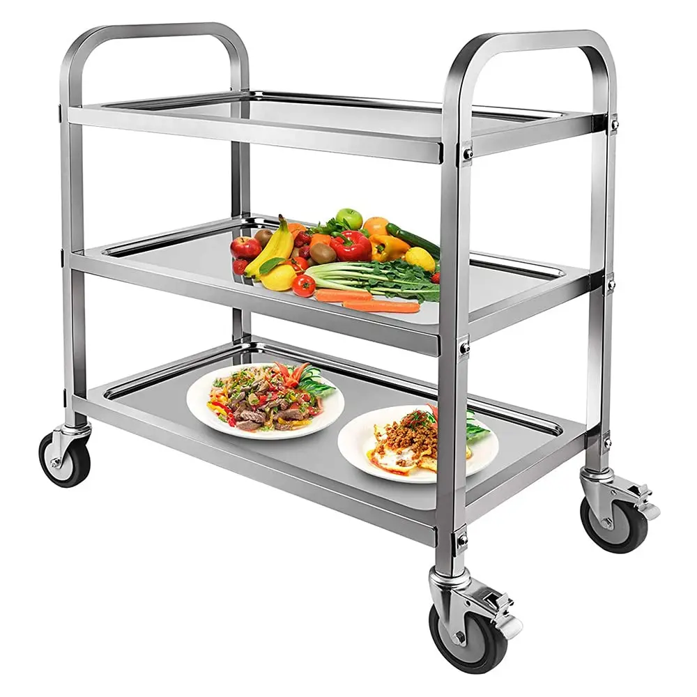 Kitchen Hotels Utility Cart Square Tube 3 Tier Stainless Steel Catering Serving Trolley With Locking Wheels