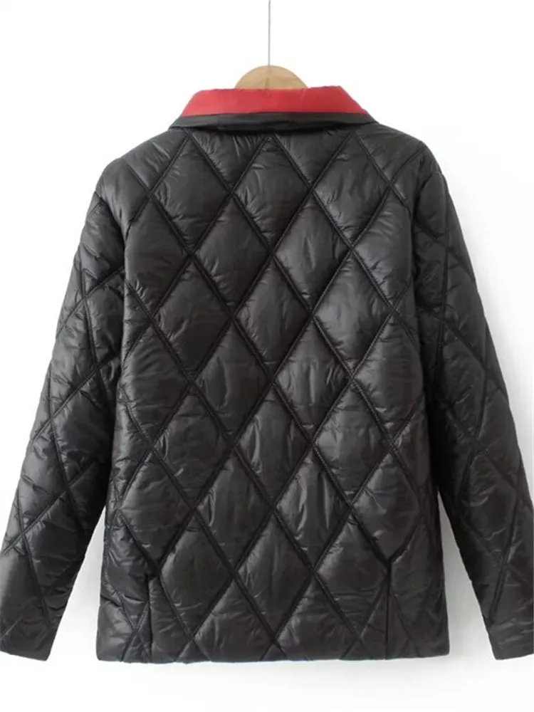 Plus Size Women\'s Clothing Winter Coat Thick Warm Cotton Jacket Red Black Single Breasted Lapel Diamond Check Quilted Cotton Top