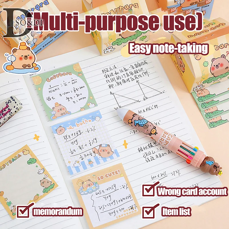 Kawaii Cartoon Non Sticky Notes for Decoration, Paper Note, Tearable Message Post, Kawaii Staacquering, Cute Cartoon, Capybara, DIY Diary, 200 Feuilles