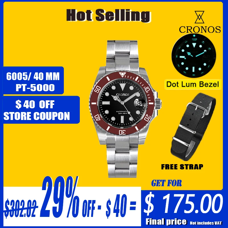 Часы Cronos Sub Diver L6005 V3 мужские, водонепроницаемые, из нержавеющей стали, с керамическим браслетом PT5000, 200 метров