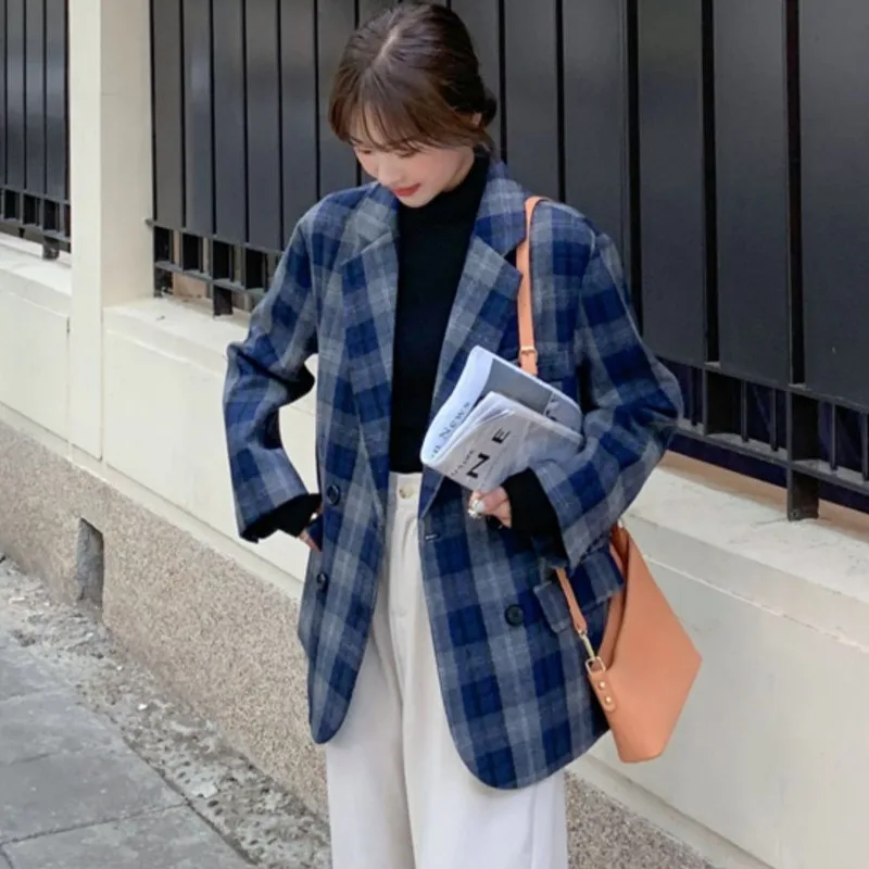 Blue Plaid Woolen Blazer Women's 2026 Spring New Korean Version Loose Spring And Autumn Padded Cotton Imitation Cashmere Coat