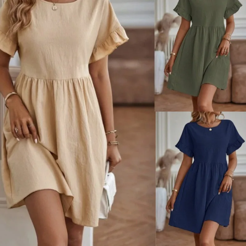 

2025New European and American Style Women's Fashion Hot-Selling Elegant Round Neck Loose Cotton Linen Dress Women