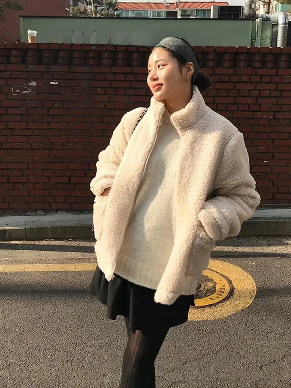 Korean Sle Warm Lamb Fur Jaet Women's Winter Faion Soft Fluffy Anti-Aging Coat Loose Fit Button Closure Ladies Outerwear