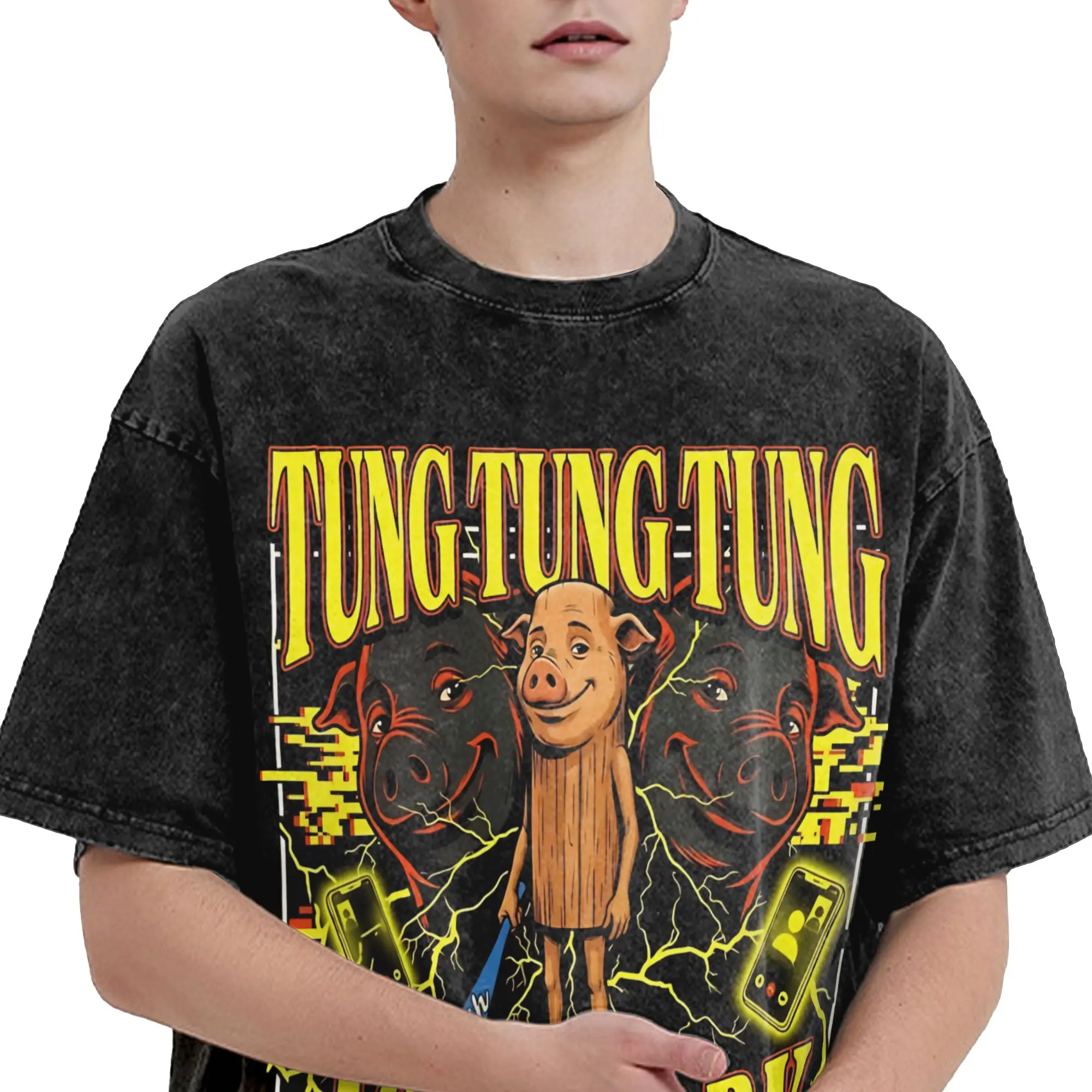 John Pork Tung Tung Tung Meme Gen Z Brainrot Funny Call  T Shirt Hip Hop Washed Short Sleeve T-Shirts for Men Women Streetwear