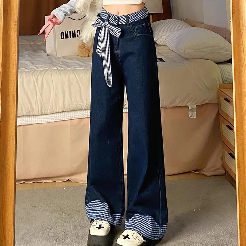 

Patchwork Jeans Women High Waist Slimming Dark Blue Loose Wide Leg Floor Length Pants