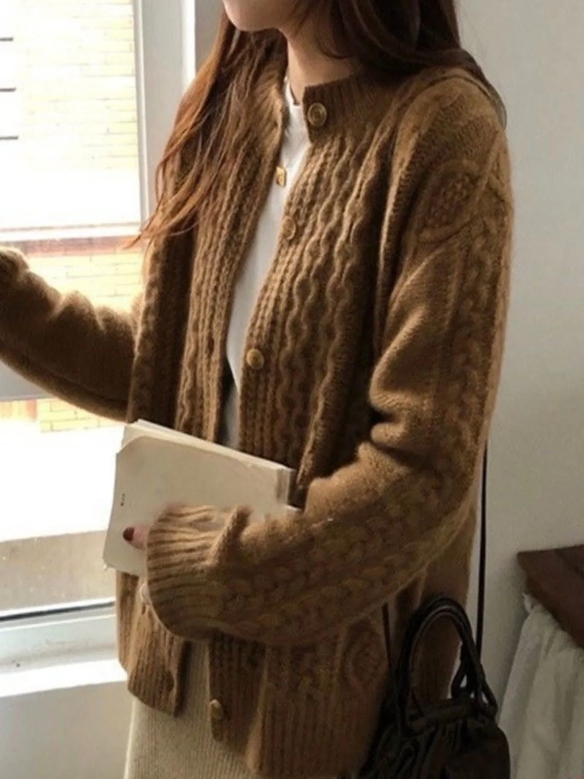 Kardigan Wol Tebal untuk Wanita, Sweater Rajut Tebal dengan Jahitan Kabel, Model Longgar, Gaya Modis dan Kasual