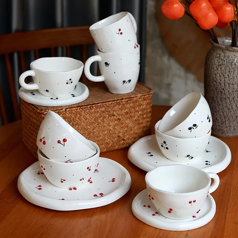 Cute 3D Cherry Pattern Ceramic 250ML Cups Sets Round Small Cup+Cake Plates Sets/290ML Mugs Under Glazed Afternoon Tea Tablewares