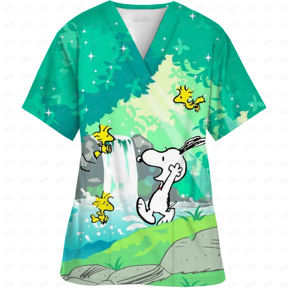 Uniformi da lavoro ospedaliere scollo a V manica corta Scrub vestiti Cartoon Snoopy stampa abbigliamento da infermiera da donna uniforme clinica