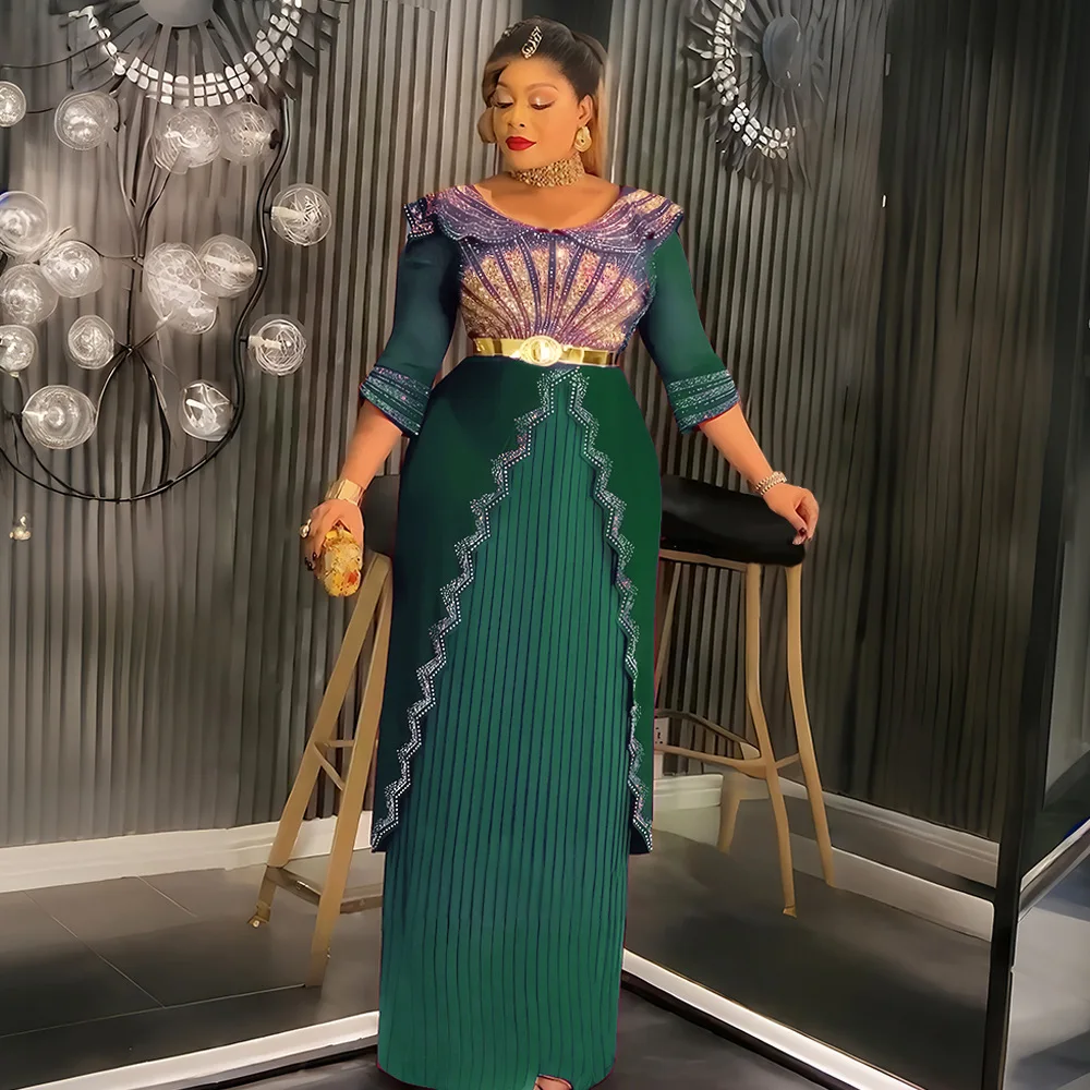 

African Party Dresses for Women Elegant Turkey Muslim Wedding Evening Gown Plus Size Dashiki Diamond Pleated Long Dress
