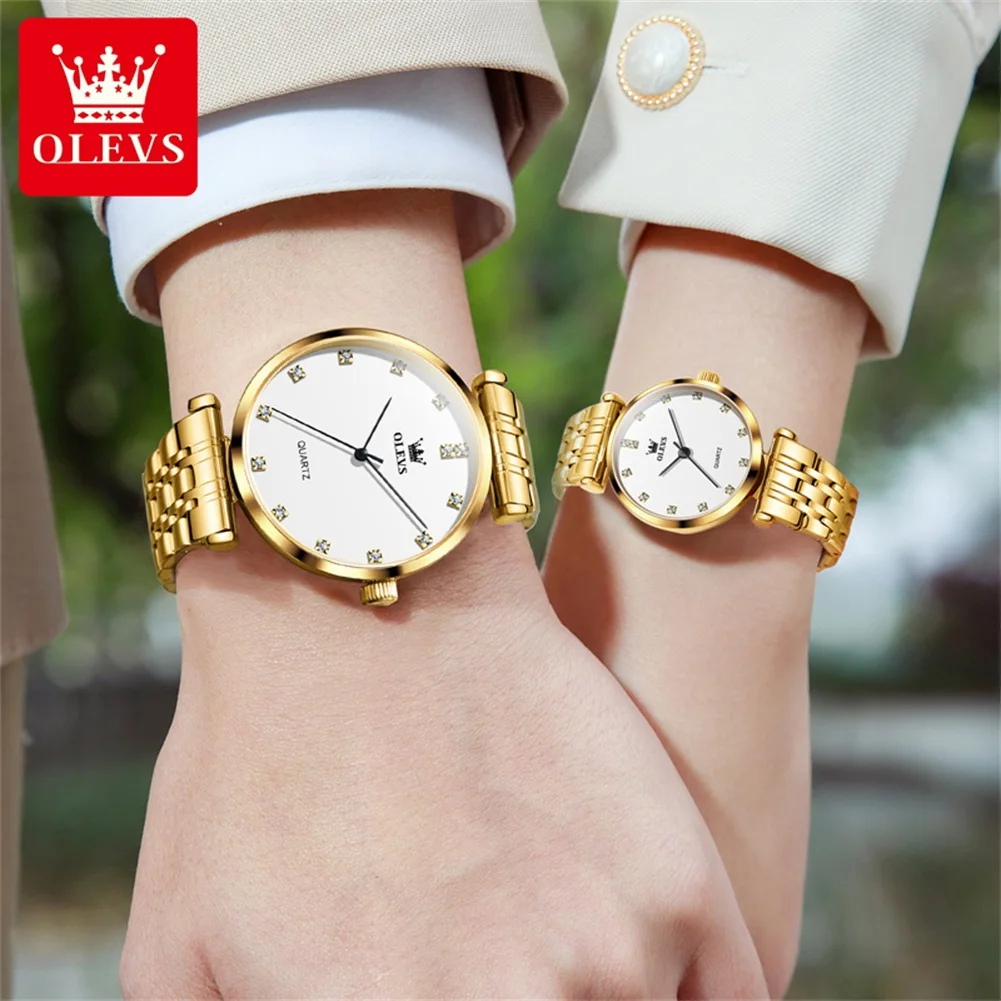 OLEVS Brand 2024 New Fashion Quartz Couple Watch Men Women Luxury Gold Stainless Steel Strap Waterproof Lovers Simple Watches