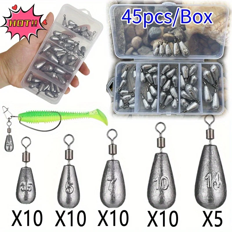 

45pcs/set Different weights of fishing sinkers: 3.5G, 5G, 7G, 10G and 14G. With swivels.