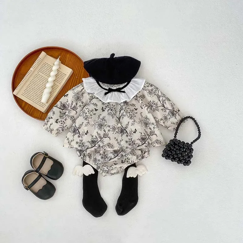 

2024 Spring New Girl Baby Sweet Floral Print Long Sleeve Bodysuit Children Flower Casual Tops+Shorts 2pcs Infant Cotton Outfits