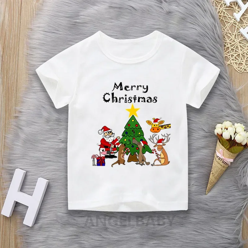 Merry Christmas Santa Cartoon Print Children T-shirts Girls/Boys Funny Baby Clothes Kawaii Kids Short Sleeve Tshirt Gift Present