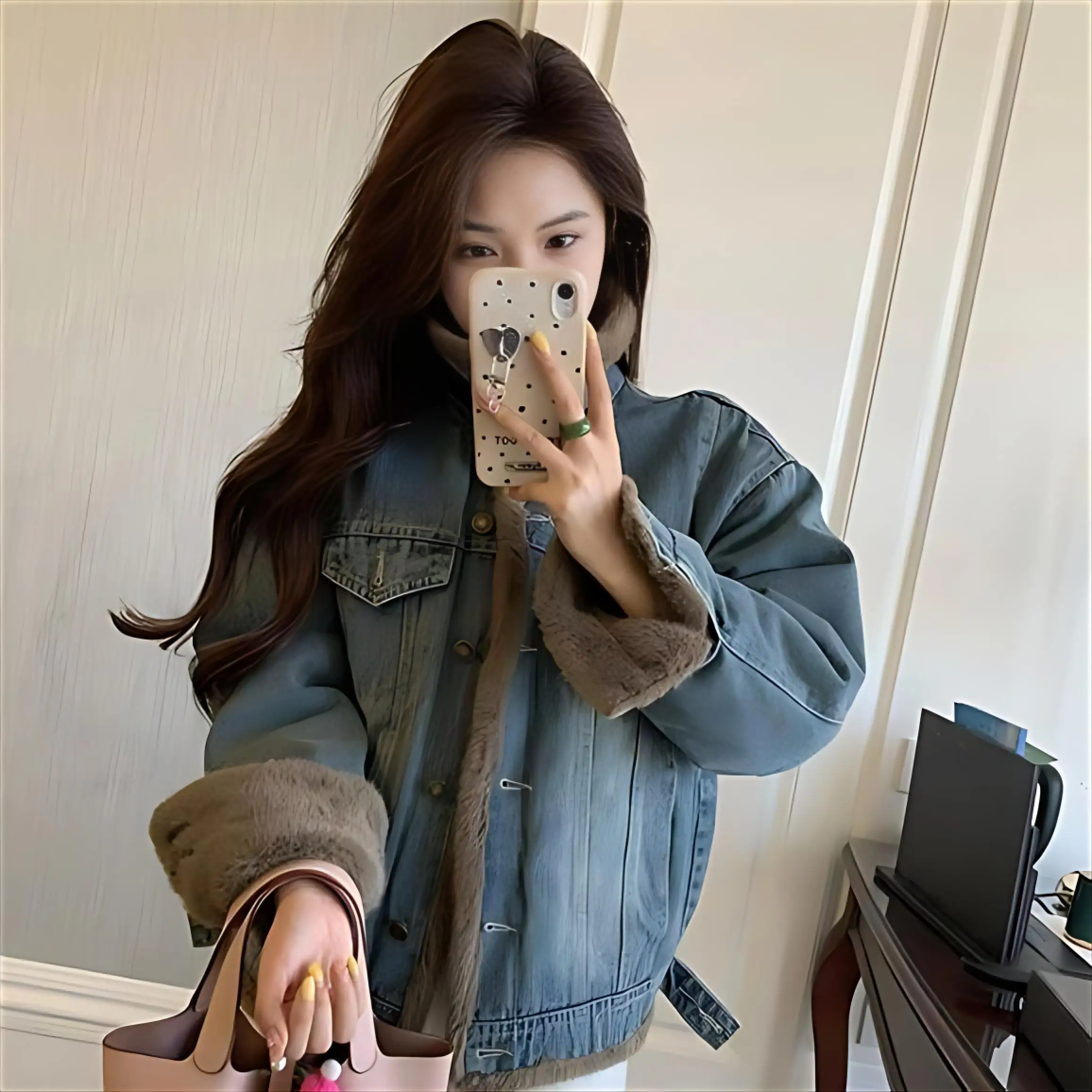 

Denim Coat With Fur And Hood Plush Womens Fall Regular-Fit Sashes Streetwears Urban Comfort Standneck Buttoned Patchwork Quilted