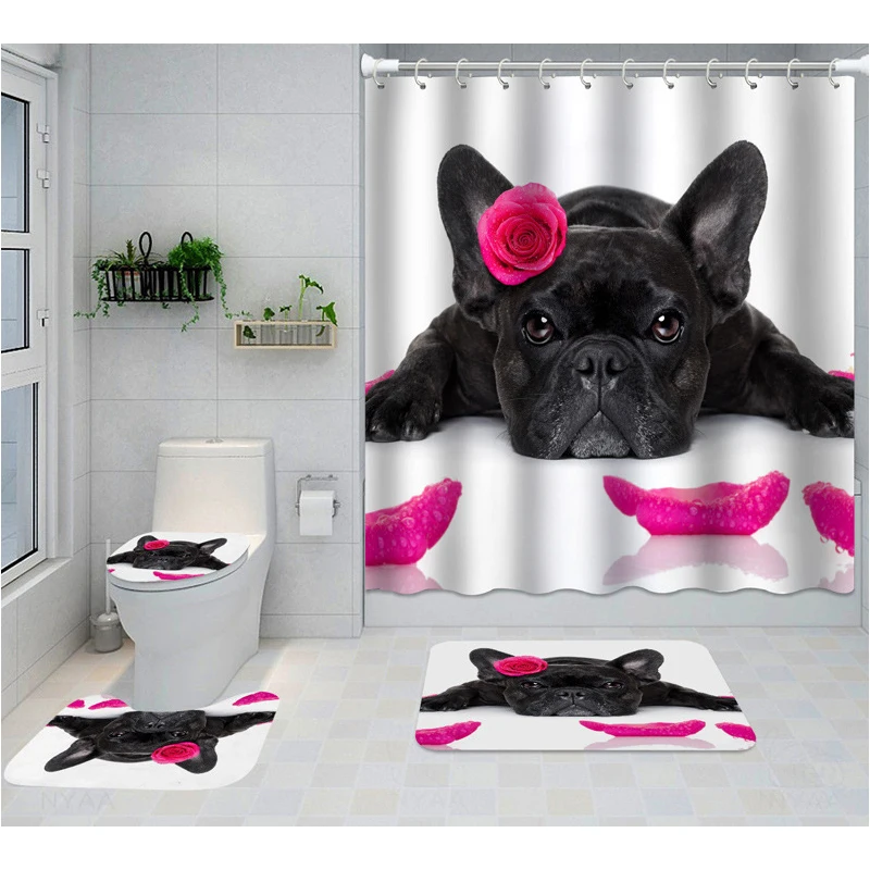 

4Pcs Funny Dog Shower Curtain Set Cute Black Bulldog Non-Slip RugsToilet Cover Bath Mat Pet Animal Rose Flower Bathroom Curtains