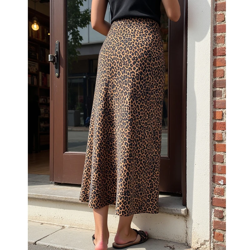 MUJER Leopard Print Long Skirt Woman High Waist Midi Skirts for Women Vintage Draped Women's Skirts Fashion Straight Skirt Women