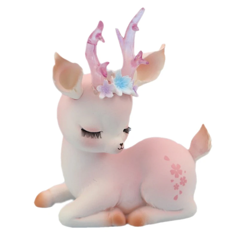 10cm Cute Fawn Figurines Statue Dolls Sculpture Resin Deer Ornament Christmas Gift Pink Sleeping Baby Deer Birthday Cake Decor