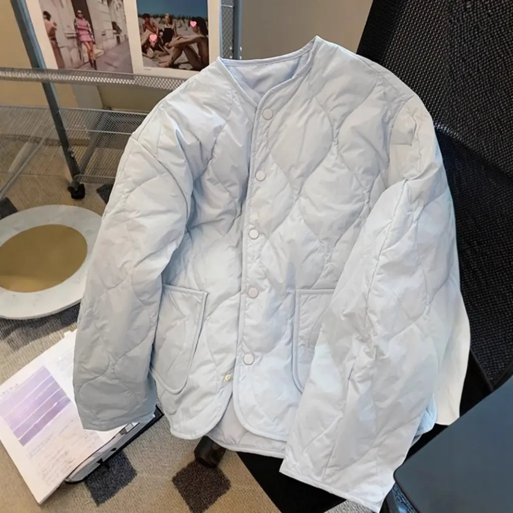 Milk Blue Women's Quilted Short down Jacket Long-Sleeved Single-Breasted Lightweight Winter Outerwear plus Size
