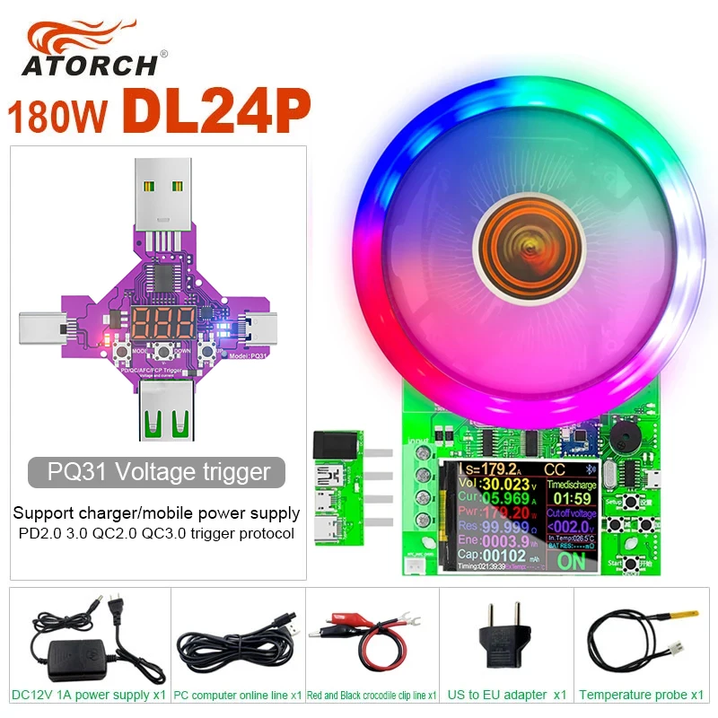 180W DC 테스터 앱 전자 부하 리튬 배터리 용량 모니터, 방전 충전 전력계 공급 검사기, PD/QC 트리거 