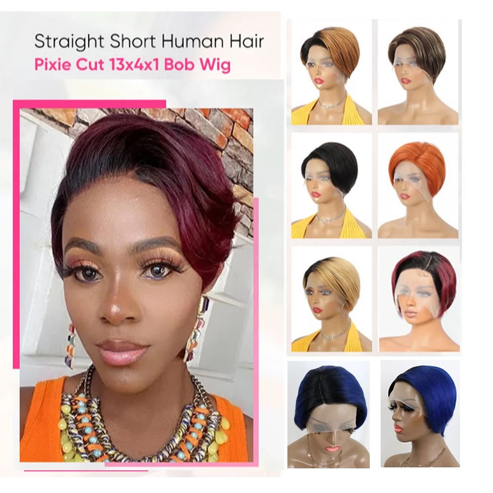 Short Pixie Cut T Part Lace  Wig for Black Women Ombre T1B 99J Wigs 150% Density Burgundy Human Hair  Short Wigs for Daily Use