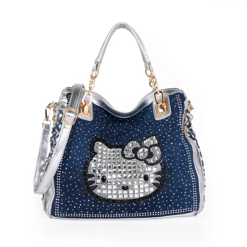 Hello Kitty Cartoon Woman Denim Canvas Studded Rivet Bag Rhinestone Braided Hand-Held Oblique Cross Shoulder Tote Bag Gifts