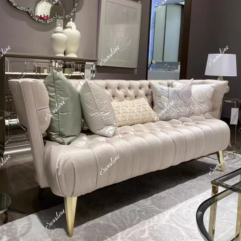 

American light luxury metal hollow three-person sofa living room fabric pull button concubine sofa