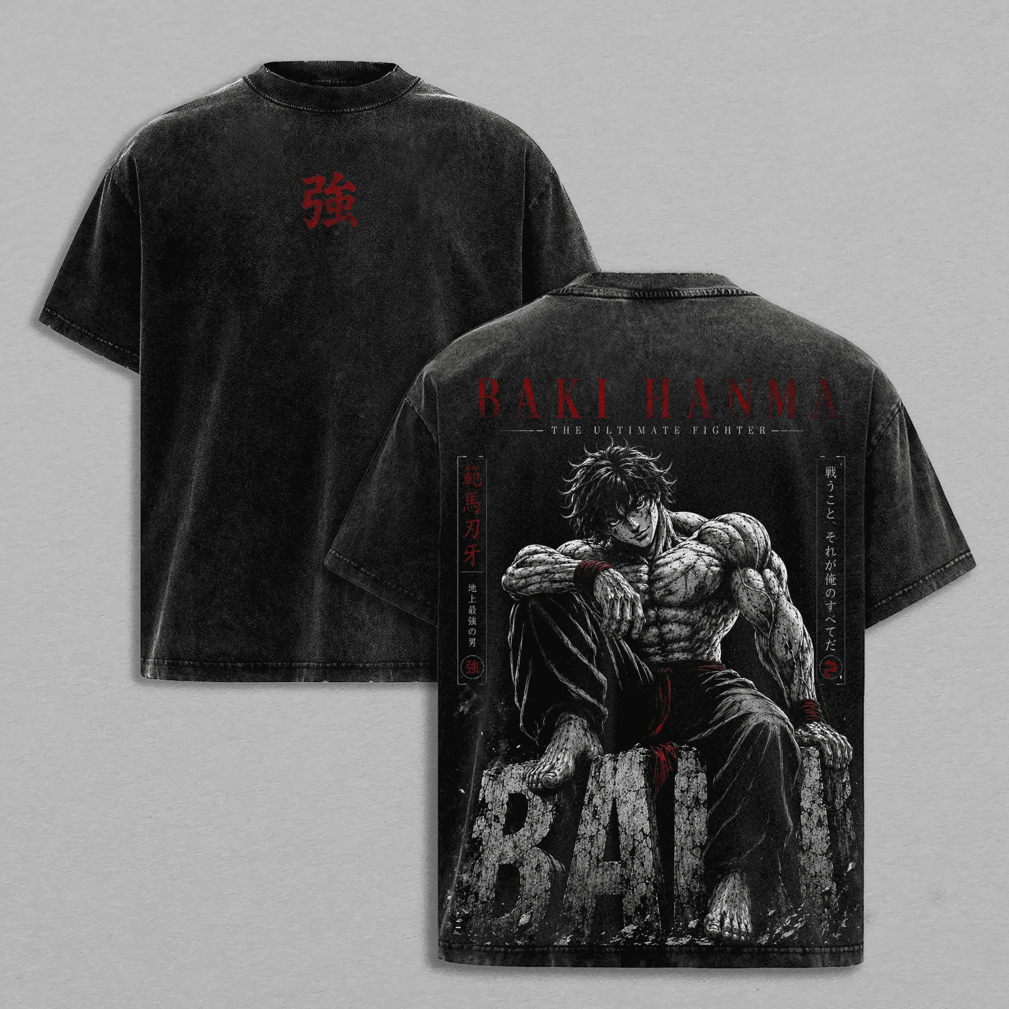 Baki Hanma Anime T-Shirt Manga Bedrucktes Vintage Washed T-Shirt Sommer Kurzarm Lose Baumwoll-T-Shirts Kleidung für Herrenmode – Detail 2