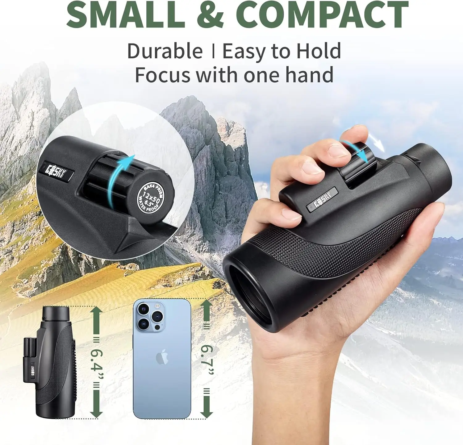 Telescópio monocular Titan 12X50 com suporte para smartphone - Escopo à prova d'água à prova de neblina e à prova de choque BAK-4 Prisma FMC para observação de pássaros