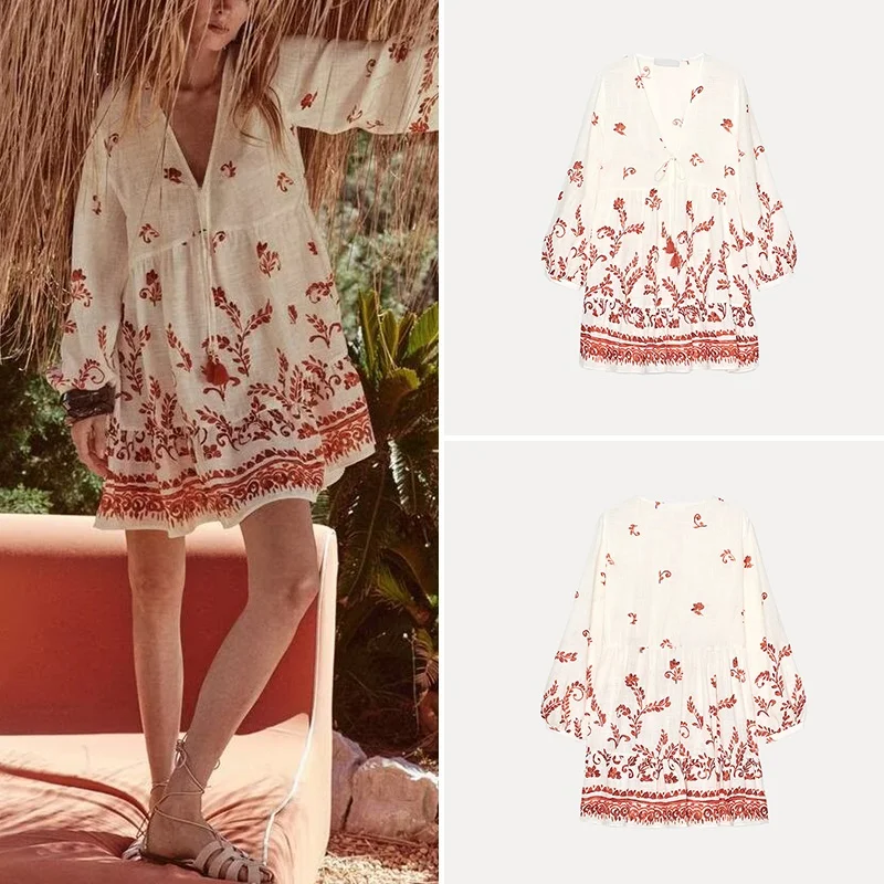 패셔너블 프린트 여성용 여름 신상품 2025 롱 슬리브 V넥 폴리에스터 섬유 원피스