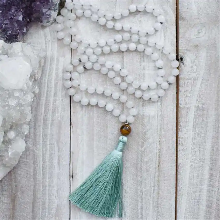 8mm Natural Snow Quartz 108 Beads Handmade Tassel Necklace Meditation Men's Fashion Relief Tranquility Metal Mala Yoga