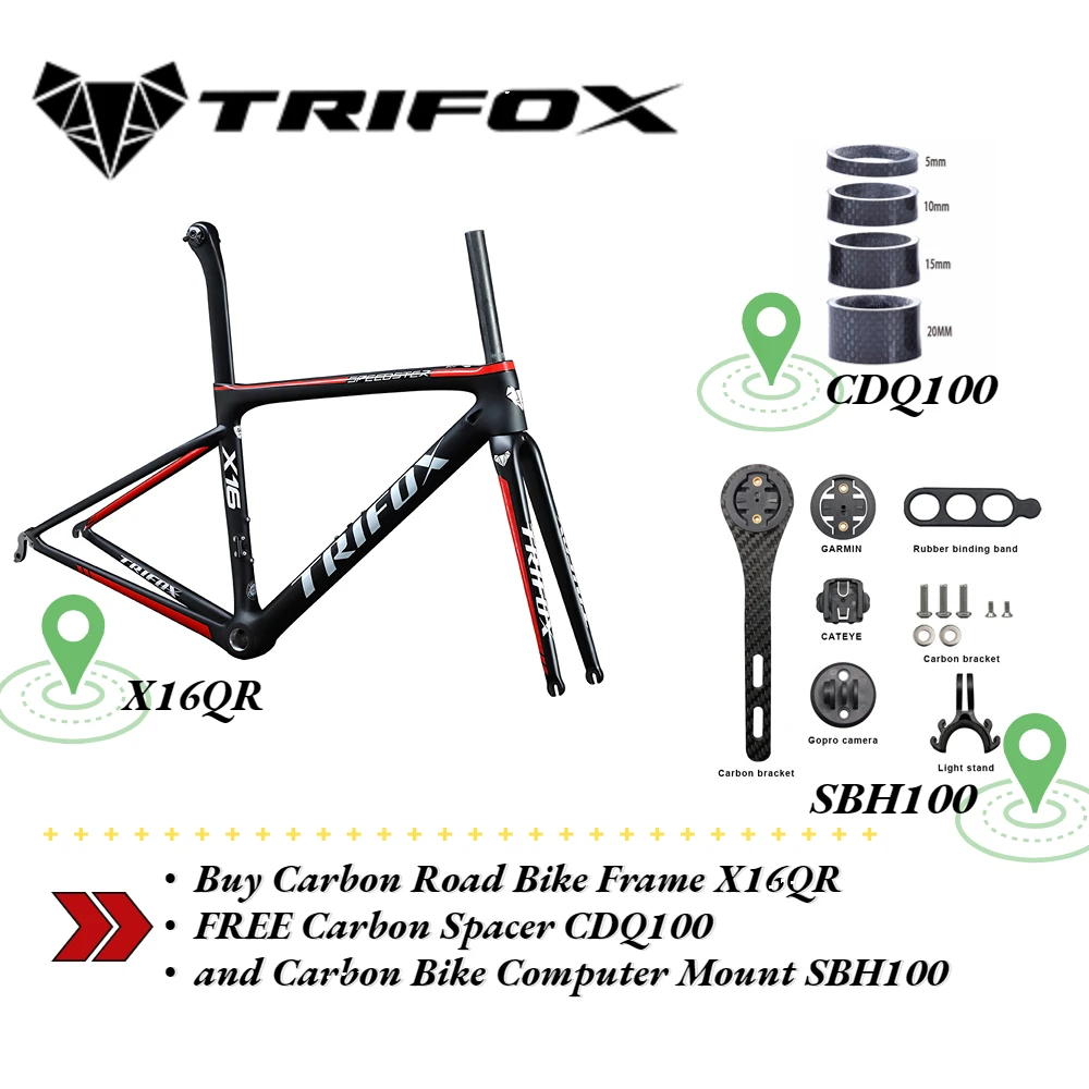 TRIFOX  Buy Carbon Road Bike Frame X16QR FREE Carbon Spacer CDQ100  and Carbon Bike Computer Mount SBH100