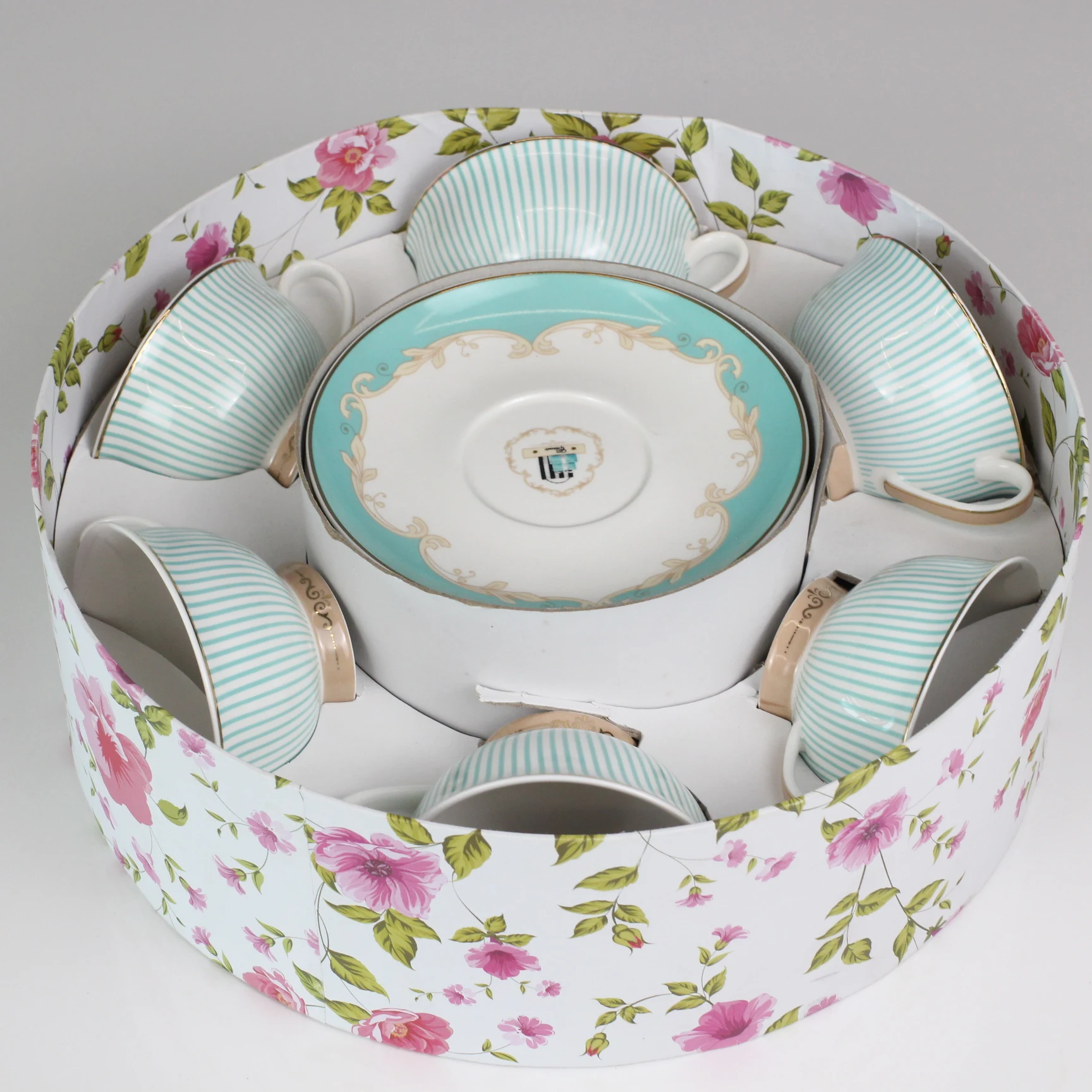 

Green stripe new bone porcelain cup & saucer in 6 sets gift pack for Tea coffee or wedding gifts