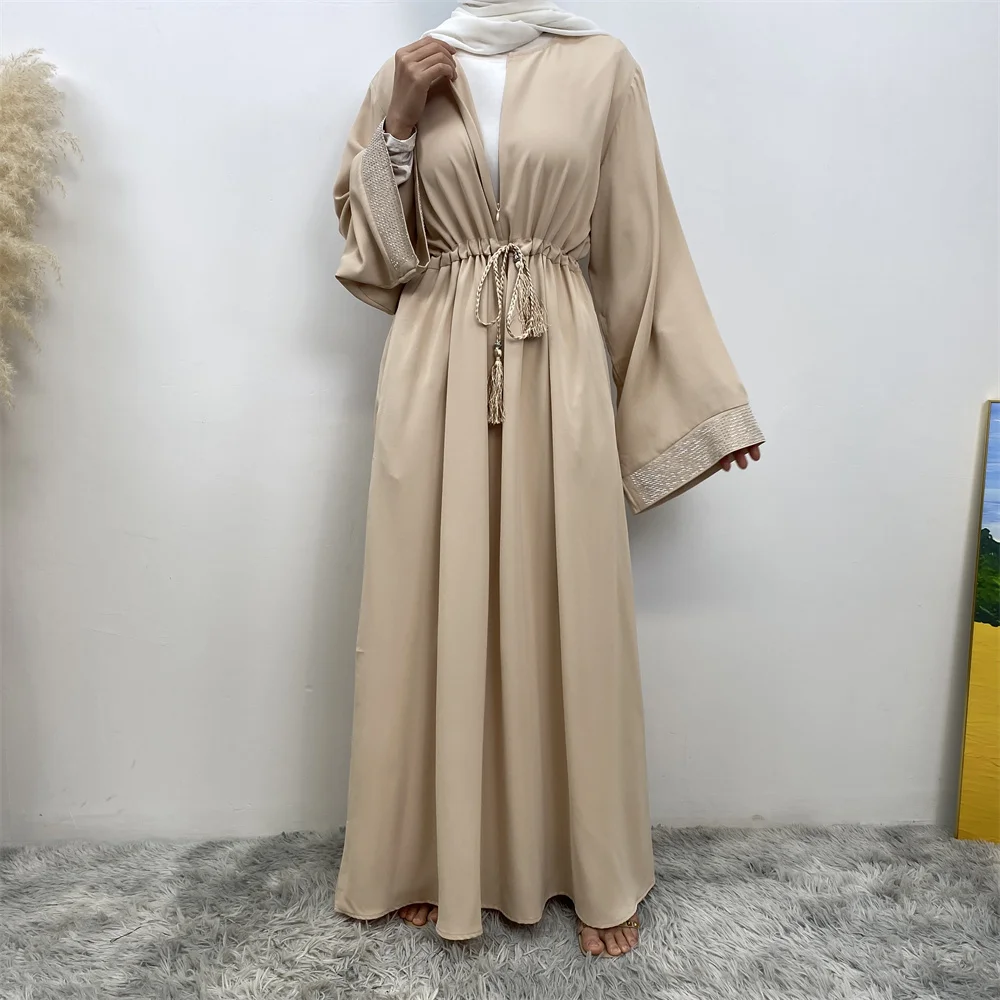 Muslim Women Fashion Long Dress Turkey Dubai women\'s pressed diamond patchwork lace dress Casual elegant robe with pockets