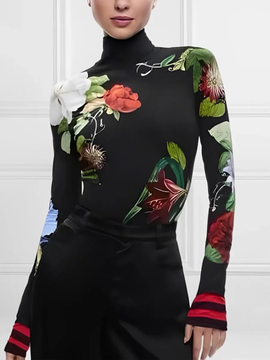 

Onecozyday Autumn Thin Under Shirt for Women Floral Printed Black High Neck Long Sleeves Skinny T-shirt 2024 Fashion Tops