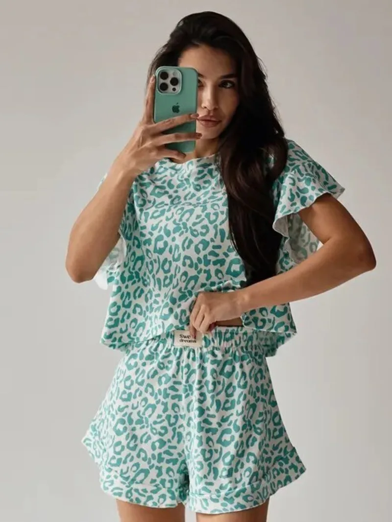 صيف جديد المرأة منامة مع طباعة ملابس منزلية غير رسمية موضة المرأة مجموعة تي شيرتات قصيرة للأطفال النعناع ليوبارد طباعة كشكش السراويل سحر QBPY #1