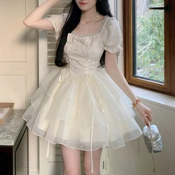 Mesh Japan Sweet Lolita Dress Women Bow Kawaii Party Mini Dresses Female Korean Fashion Slim Bandage Princess Dress Summer 2024