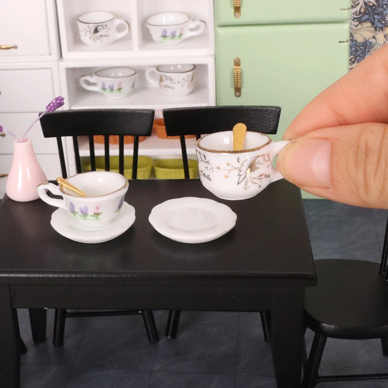 1Set 1:12 Dollhouse Miniature Ceramic Tea Cup Hollow Lace Coaster Spoon Kitchen Tableware Model Decor Toy Doll House Accessories