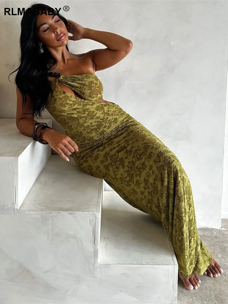 RLMABABY Um Ombro Assimétrico Jacquard Bodycon Maxi Vestido Mulheres Backless Cintura Cortar Elegante Praia Verde Sexy Vestido Longo