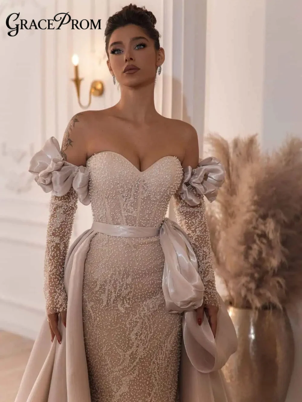 

Elegant Beaded Lace Champagne Off Shoulder Evening Gown Regal Removable Overskirt Party Dress For Wedding Guests فساتين سهرة
