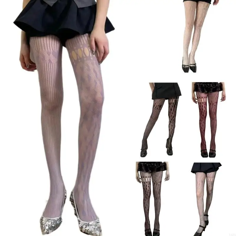 Y88A Women Sexy Fishnet Pantyhose Heart Striped Asymmetrical Lace Tights Stockings