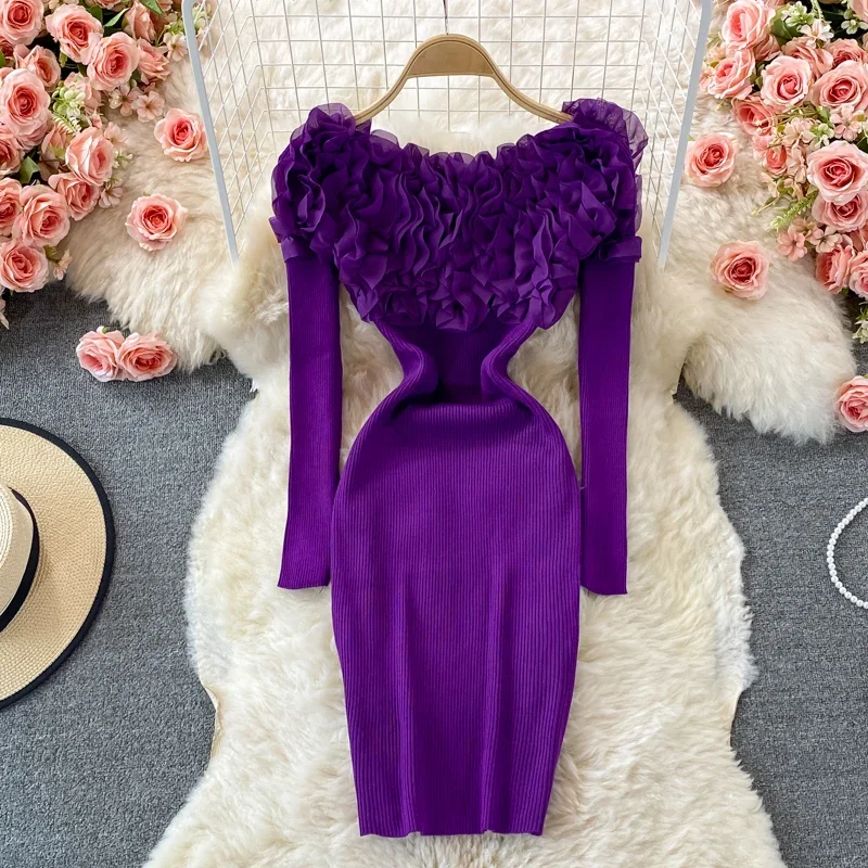 Chic Slash Neck Off Shouler Bodycon Knit Dress Long Sleeve Women Elegant Korean Fashion Vestidos Summer Hip Wrap Dress