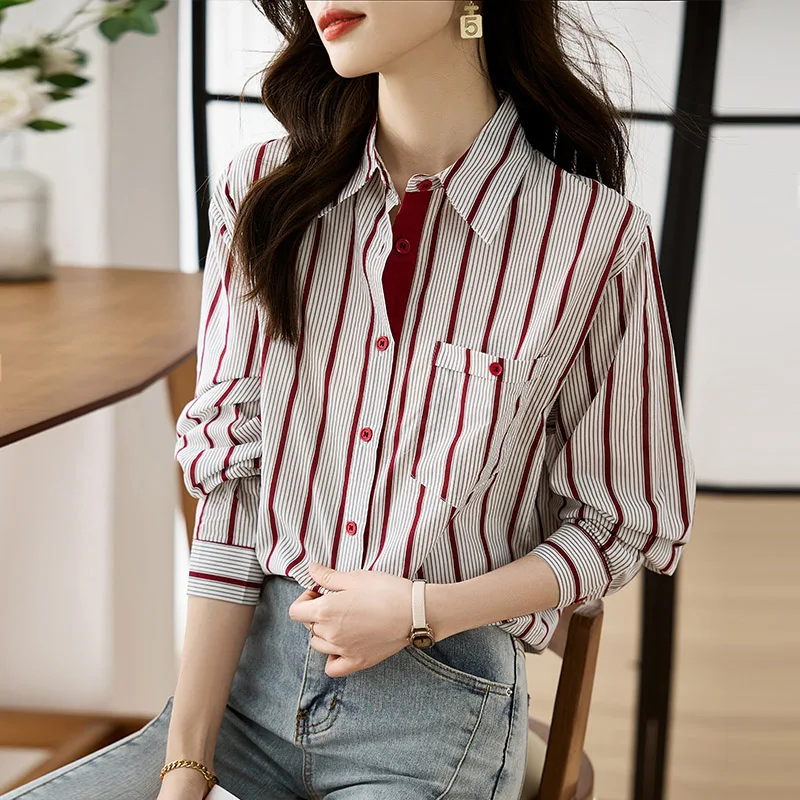 Spring Women Fashion Striped Pockets Shirts Fashion Simple All-match Top Chic Long Sleeve Loose Casual Shirt 2024