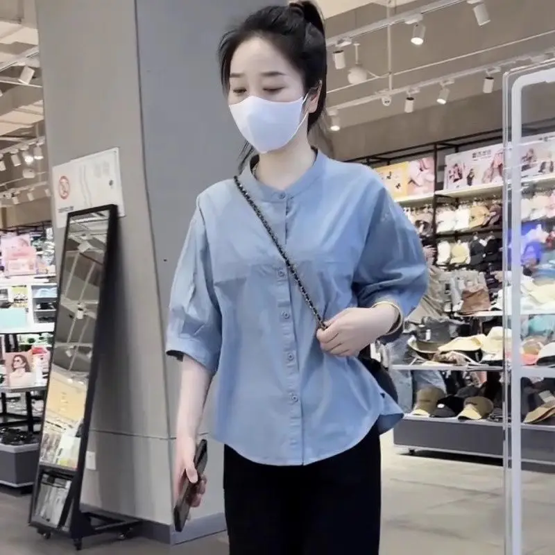 

Рубашки женские топы блузка корейская версия модные простые повседневные рубашки со средним рукавом летние уменьшающие возраст свободные универсальные