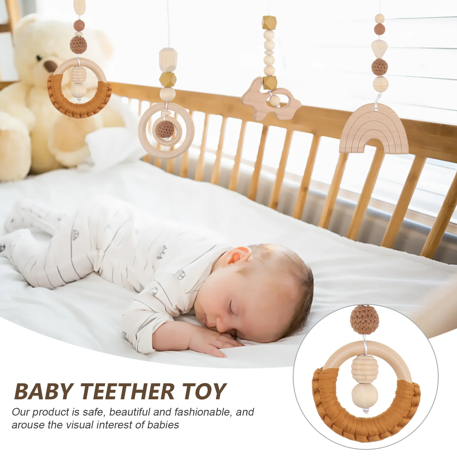 4 قطعة الحرف الخشبية الطفل التسنين الإبداعية طحن خواتم الرضع عضاضة الذاتي مهدئا أداة ديكور المنزل #2