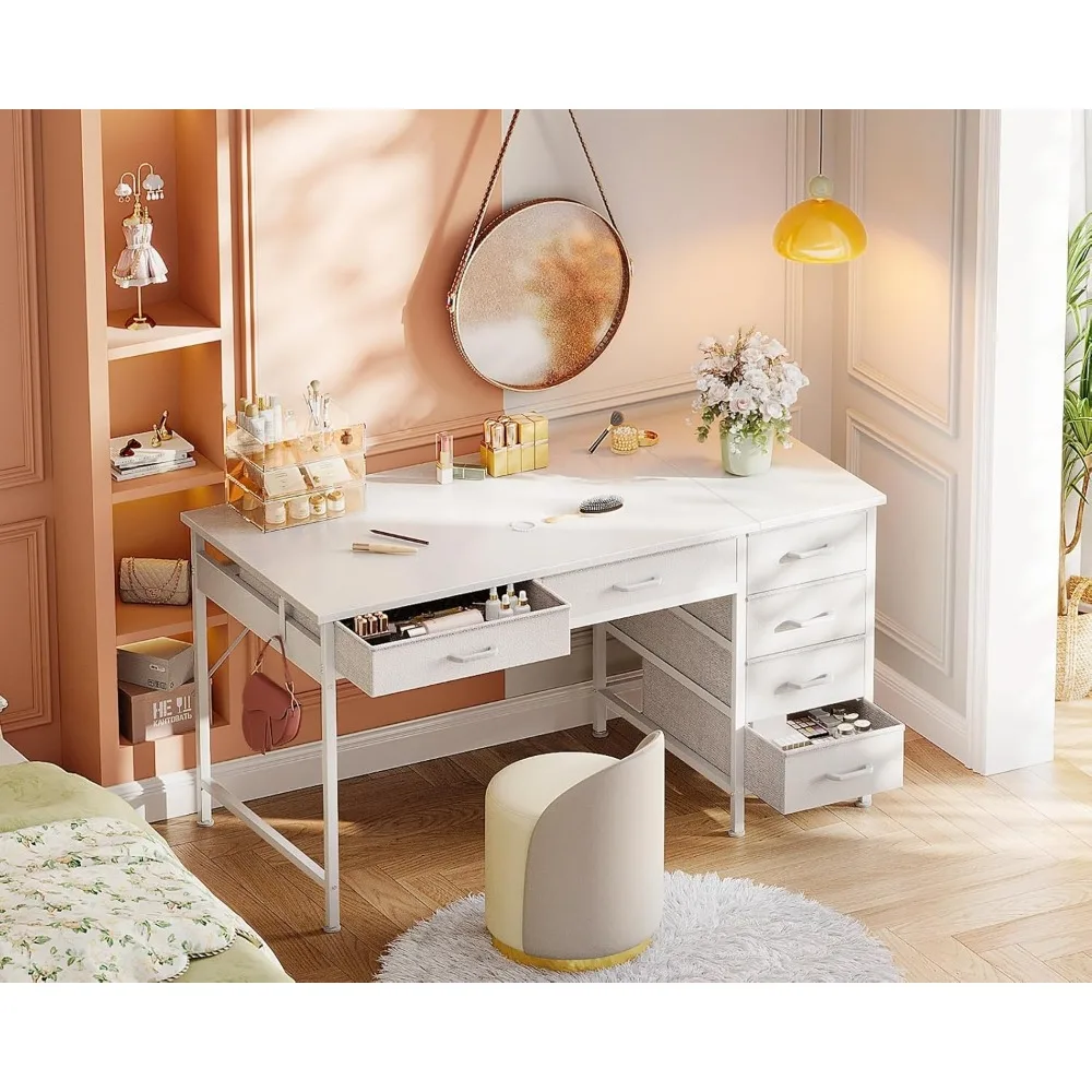 مكتب مكتب مقاس 48 بوصة مع 6 أدراج، تصميم قابل للعكس للمكتب المنزلي، طاولة دراسة باللون الأبيض