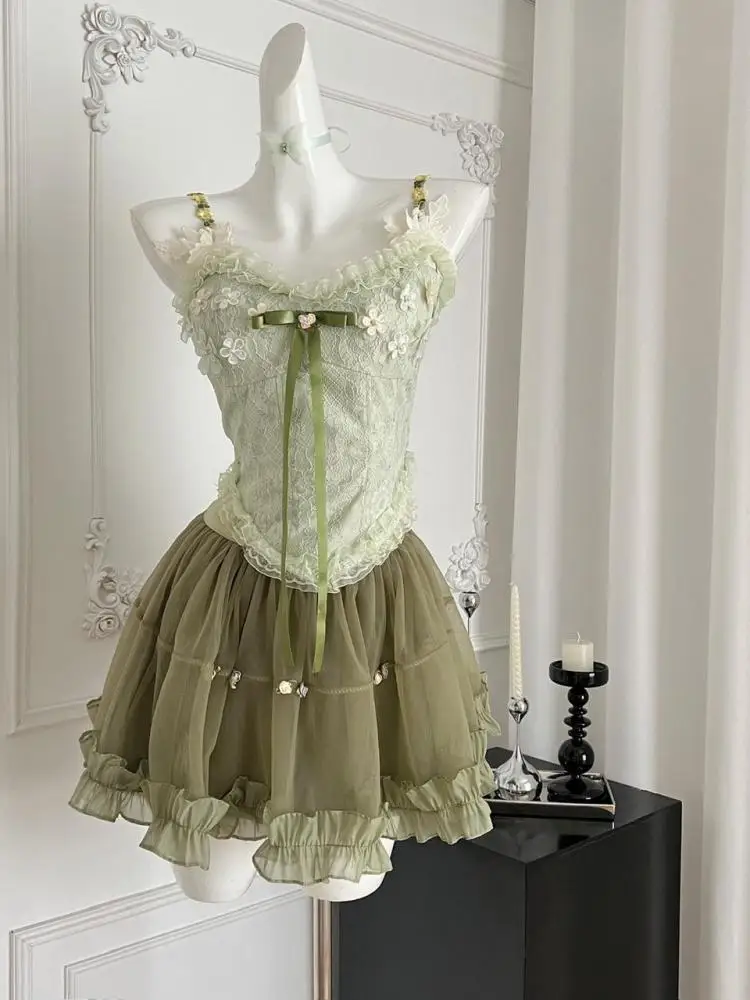 

Summer Women Vintage Green Lace Ruffles Backless Bow Slip Short Tops And High Waist Pleated Mini Skirt Boho Party Two Piece Sets