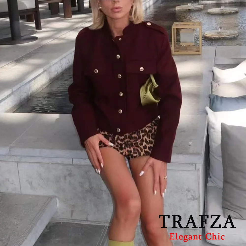 TRAFZA Women Vintage Soft Tweed Jacket Gold Color Button Half Collar Jacket New 2024 Autumn Fall Fashion Deep Burgundy Jacket